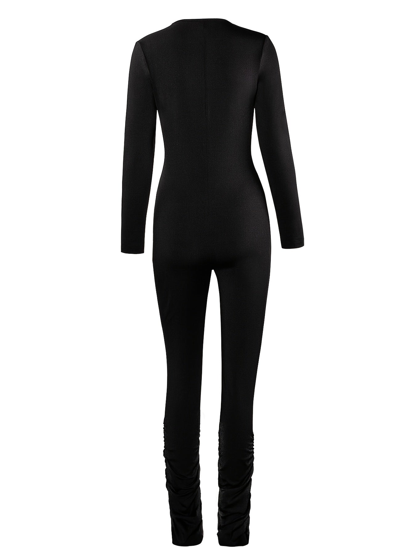 Women Sexy Deep V Neck Long Sleeve Frill Bodycon Jumpsuit